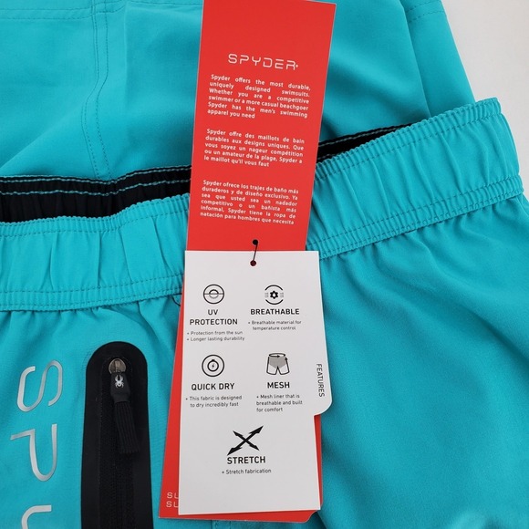 Spyder Mens Medium Swim Trunks Turquoise Zip Pocket Quick Dry Lined Breathable - Picture 6 of 8